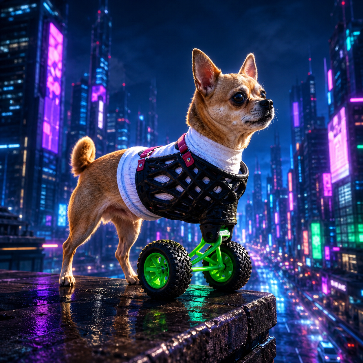 The Tripod Dog rolling through a neon city
